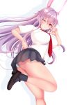  1girl ;) animal_ears ass blush breasts bunny_ears foot_out_of_frame from_below highres large_breasts long_hair necktie one_eye_closed purple_hair red_eyes reisen_udongein_inaba simple_background smile solo standing standing_on_one_leg toranpuman touhou upskirt v_over_eye very_long_hair white_background 