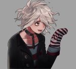  1boy bangs black_jacket collar collarbone danganronpa_(series) danganronpa_another_episode:_ultra_despair_girls drooling grey_background grey_eyes grey_hair grey_shirt hand_up jacket komaeda_nagito lower_teeth male_focus metal_collar mittens official_alternate_costume open_clothes open_jacket red_shirt rei_(tdn_ng) shiny shiny_hair shirt simple_background smile solo striped striped_mittens striped_shirt two-tone_shirt upper_body 