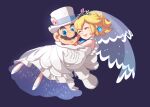  1boy 1girl blonde_hair bow bowtie carrying closed_eyes dress elbow_gloves facial_hair formal gloves hat mario mario_(series) mustache official_alternate_costume omochi_(glassheart_0u0) parted_lips princess_carry princess_peach smile suit super_mario_odyssey tiara top_hat tuxedo wedding_dress white_gloves 