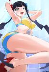  1girl :d armpits arms_behind_head ass bangs black_hair blue_eyes blunt_bangs blush breasts cleavage elesa_(pokemon) headgear high_heels highres jtveemo long_hair looking_at_viewer midriff open_mouth pokemon pokemon_(game) pokemon_bw red_footwear shorts smile solo teeth twintails very_long_hair 