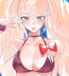  1girl bangs bare_shoulders bikini black_choker blonde_hair blue_eyes blush bow breasts choker cleavage collarbone danganronpa:_trigger_happy_havoc danganronpa_(series) danganronpa_s:_ultimate_summer_camp day enoshima_junko eyebrows_visible_through_hair hand_up highres large_breasts long_hair looking_at_viewer parted_lips red_bow scrunchie smile solo swimsuit tuteurfars_shin wrist_scrunchie 