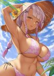  1girl arm_up armpits bangs bare_arms bare_shoulders bikini blue_sky blush braid braided_ponytail breasts brown_eyes brown_headwear cleavage collarbone commentary_request dana_(yasojima_nejiro) dark-skinned_female dark_skin day floral_print flower hair_ornament halter_top halterneck hand_on_headwear hat hat_flower highres large_breasts long_hair looking_at_viewer multicolored_hair navel open_mouth original outdoors pink_hair plant print_bikini side-tie_bikini sky solo stomach straw_hat streaked_hair string_bikini sun_hat sunflower swimsuit underboob upper_body white_hair x_hair_ornament yasojima_nejiro 