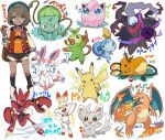  1girl alternate_eye_color alternate_skin_color backpack bag bangs blue_eyes brown_bag brown_hair bulbasaur buttons character_print charizard claws closed_mouth commentary_request dark-skinned_female dark_skin darkrai dedenne electricity energy_ball eyelashes gen_1_pokemon gen_2_pokemon gen_4_pokemon gen_5_pokemon gen_6_pokemon gen_8_pokemon gloria_(pokemon) green_eyes grookey haruken hat holding holding_poke_ball jacket jigglypuff looking_at_viewer looking_up minccino musical_note mythical_pokemon number open_clothes open_jacket orange_shirt pikachu pincurchin plant poke_ball poke_ball_(basic) pokemon pokemon_(creature) pokemon_(game) pokemon_swsh red_jacket scizor scorbunny shiny shiny_skin shirt shorts sitting smile sobble socks standing starter_pokemon sylveon vines 