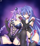  2girls absurdres bangs black_bra black_gloves black_legwear black_panties blue_eyes blush bra braid breasts chloroform cleavage d-pad d-pad_hair_ornament elbow_gloves eyebrows_visible_through_hair gloves hair_between_eyes hair_flaps hair_ornament highres iris_heart lewdkuma looking_at_another looking_at_viewer medium_breasts multiple_girls neptune_(series) panties power_symbol purple_bra purple_gloves purple_hair purple_heart purple_legwear purple_panties sidelocks simple_background symbol-shaped_pupils thighhighs twin_braids underwear 