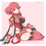  absurdres bangs black_gloves breasts chest_jewel earrings fingerless_gloves gem gloves headpiece highres jewelry large_breasts pyra_(xenoblade) red_eyes red_hair red_legwear red_shorts ryochan96154 short_hair short_shorts shorts swept_bangs thighhighs tiara xenoblade_chronicles_(series) xenoblade_chronicles_2 