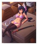  1girl absurdres animal_ear_fluff animal_ears artist_name bangs bare_arms bare_shoulders basketball black_hair black_legwear blush box bra breasts cat_ears cat_girl cat_tail cleavage clothes_pull commentary full_body gym_storeroom hair_between_eyes hair_ribbon highres huge_filesize katana knees_together_feet_apart large_breasts lingerie long_hair looking_at_viewer navel no_shoes noihara_himari omamori_himari open_mouth panties pantyhose pantyhose_pull pink_bra pink_panties pink_ribbon ponytail purple_eyes reclining ribbon sheath sheathed solo stomach sword tail underwear underwear_only vaulting_horse weapon wlper 