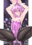  1girl animal_ears armpits arms_up black_legwear bow bowtie breasts bunny_ears commentary_request detached_collar dura embarrassed fake_animal_ears high_heels highleg highleg_leotard highres leotard long_hair looking_at_viewer medium_breasts neptune_(neptune_series) neptune_(series) pantyhose pink_bow pink_footwear pink_leotard pink_neckwear playboy_bunny shoes small_breasts squatting wrist_cuffs 