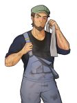  1boy arm_hair beard black_shirt brown_hair buttons closed_mouth commentary_request cowboy_shot dirty dirty_clothes facial_hair green_headwear grey_towel hat highres holding holding_strap holding_towel looking_at_viewer male_focus meyer_(pokemon) one_eye_closed overalls pokemon pokemon_(anime) pokemon_xy_(anime) shirt short_hair simple_background smile solo sweat towel white_background yumilbo 