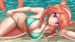  1girl :p animal_ears bangs bare_arms bare_shoulders bikini blush braid breasts cat_ears cat_tail commentary eyebrows_visible_through_hair green_bikini hair_between_eyes hairband highres hololive hololive_english kazenokaze kemonomimi_mode large_breasts long_hair lying navel on_side orange_hair purple_eyes solo stomach swimsuit tail takanashi_kiara thighs tongue tongue_out twin_braids virtual_youtuber water wet white_hairband 