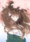  1girl brown_eyes brown_hair cherry_blossoms closed_mouth dot_nose dress floating_hair from_side green_jacket hair_over_one_eye jacket kawai_rou long_hair looking_at_viewer off_shoulder one_eye_covered original smile solo white_dress 