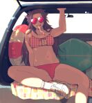  1girl alternate_costume bikini breasts car_interior feet_out_of_frame heart heart-shaped_eyewear highres innertube jun&#039;you_(kancolle) kantai_collection large_breasts long_hair looking_at_viewer mismatched_bikini mouth_hold purple_hair red_bikini shishanmo shoes side-tie_bikini sitting sneakers solo spiked_hair sunglasses surfboard swimsuit tupet 