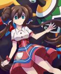  1girl bangs bow breasts bright_pupils brown_hair buttons commentary_request double_bun floating_hair gen_5_pokemon green_eyes hair_between_eyes hair_ribbon high-waist_skirt irouha knees long_hair pantyhose parted_lips pokemon pokemon_(creature) pokemon_(game) pokemon_bw2 pokestar_studios red_bow red_skirt ribbon rosa_(pokemon) shirt short_sleeves sigilyph skirt twintails white_pupils white_shirt wrist_bow 