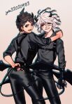  2boys :d alternate_costume ass bangs black_horns black_shirt black_wings blue_eyes brown_eyes brown_hair danganronpa_(series) danganronpa_2:_goodbye_despair demon_boy demon_horns demon_tail demon_wings fangs from_behind gradient gradient_background green_eyes grey_background grey_hair grin gun hand_on_another&#039;s_shoulder hand_up highres hinata_hajime horns komaeda_nagito leather leather_pants looking_at_viewer looking_back male_focus mechanical_arms multiple_boys o-ring open_mouth pants rei_(tdn_ng) shirt single_mechanical_arm sleeves_past_elbows smile tail teeth weapon wings 