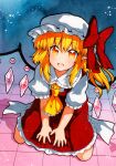  1girl bangs blonde_hair blue_background bow collar crystal dress eyebrows_visible_through_hair flandre_scarlet floor hair_between_eyes hat hat_ribbon looking_at_viewer multicolored multicolored_eyes open_mouth ponytail puffy_short_sleeves puffy_sleeves qqqrinkappp red_bow red_dress red_eyes red_ribbon ribbon seiza short_hair short_sleeves sitting smile solo touhou traditional_media white_collar white_sleeves wings yellow_eyes yellow_neckwear 