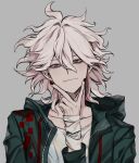  1boy bandaged_hand bangs closed_mouth collarbone commentary_request danganronpa_(series) danganronpa_2:_goodbye_despair earrings green_jacket grey_background hair_between_eyes han_raco hood hood_down hooded_jacket jacket jewelry komaeda_nagito long_sleeves looking_at_viewer male_focus messy_hair nail_polish open_clothes red_nails shirt simple_background smile solo upper_body v white_shirt 