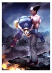  absurdres black_hair blue_eyes breasts cleavage copy_ability cosplay fingerless_gloves gloves highres king_dedede kirby kirby_(series) male_focus mishima_heihachi mishima_kazuya muscular red_eyes scar shiburingaru shirtless smile super_smash_bros. tekken volcano 