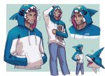  1boy archie_(pokemon) arm_up beard border brown_hair character_print chips_n_cookies commentary dark-skinned_male dark_skin facial_hair gen_3_pokemon green_background grin hand_on_hip hands_in_pockets holding holding_pokemon hood hood_up hoodie long_sleeves male_focus outside_border pants pokemon pokemon_(creature) pokemon_(game) pokemon_oras poochyena sharpedo sketch smile standing team_aqua teeth white_border 