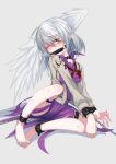  1girl absurdres angel_wings barefoot bit_gag braid commentary_request french_braid full_body gag grey_background highres kishin_sagume menou_74 one_eye_closed restrained sex_toy simple_background single_wing solo touhou vibrator wings 