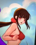  1girl bangs bikini blunt_bangs blush breasts brown_hair clenched_hand commentary covered_nipples danganronpa_(series) danganronpa_s:_ultimate_summer_camp danganronpa_v3:_killing_harmony day from_side harukawa_maki highres long_hair looking_at_viewer medium_breasts missarilicious official_alternate_costume open_mouth ponytail red_bikini red_eyes red_scrunchie scrunchie sketch solo swimsuit upper_body upper_teeth 