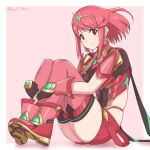  absurdres bangs black_gloves breasts chest_jewel earrings fingerless_gloves gem gloves headpiece highres jewelry large_breasts pyra_(xenoblade) red_eyes red_hair red_legwear red_shorts ryochan96154 short_hair short_shorts shorts swept_bangs thighhighs tiara xenoblade_chronicles_(series) xenoblade_chronicles_2 