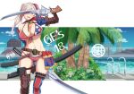  1girl american_flag_bikini american_flag_legwear ass_visible_through_thighs asymmetrical_hair asymmetrical_legwear bangs bare_shoulders belt bikini blue_eyes blush boots breasts brown_footwear brown_gloves buckle bun_cover choker cleavage collarbone commentary_request content_rating cover cover_page cowboy_shot doujin_cover dual_wielding elbow_gloves eyebrows_visible_through_hair fate/grand_order fate_(series) fingerless_gloves flag_print front-tie_bikini front-tie_top gloves gun gunblade hair_bun hair_ornament halterneck highres holding holding_sword holding_weapon kikunosukemaru large_breasts long_hair looking_at_viewer miyamoto_musashi_(fate) miyamoto_musashi_(swimsuit_berserker)_(fate) navel negative_space open_mouth palm_tree pool pool_ladder shrug_(clothing) silver_hair skindentation smile solo standing star_(symbol) stomach string_bikini sweatdrop swept_bangs swimsuit sword thigh_boots thigh_strap thighhighs tree weapon 