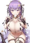  1girl animal_ears animal_print bangs bare_shoulders bb_(fate) bb_(fate)_(all) bikini blush breasts cleavage collarbone cow_ears cow_horns cow_print fate/extra fate/extra_ccc fate_(series) hair_ribbon highres horns large_breasts long_hair looking_at_viewer navel purple_eyes purple_hair ribbon smile solo swimsuit thighhighs uo_denim very_long_hair 