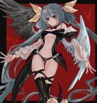  1girl angel_wings asymmetrical_wings bangs bare_shoulders belt black_legwear black_panties blue_hair breasts choker dizzy_(guilty_gear) found_modori guilty_gear guilty_gear_x guilty_gear_xx hair_between_eyes hair_ribbon highres long_hair long_sleeves medium_breasts midriff navel panties puffy_long_sleeves puffy_sleeves red_background red_eyes ribbon stomach tail tail_ornament tail_ribbon thigh_gap thigh_strap twintails underwear wings yellow_ribbon 