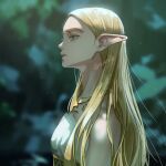  1girl absurdres bangs bare_shoulders blonde_hair blurry blurry_background breasts depth_of_field dress elf from_side green_eyes highres lips long_hair nuavic parted_bangs parted_lips pointy_ears princess_zelda profile shiny shiny_hair small_breasts solo teeth the_legend_of_zelda the_legend_of_zelda:_breath_of_the_wild upper_body white_dress 