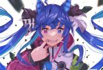  1girl @_@ ahoge animal_ears bangs blue_eyes blue_hair crazy_eyes crossed_bangs haru_yu heterochromia highres horse_ears jacket long_hair mouth_pull open_mouth purple_eyes sharp_teeth solo teeth twin_turbo_(umamusume) twintails umamusume upper_body very_long_hair 