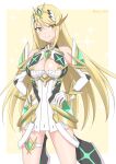  absurdres bangs bare_legs bare_shoulders blonde_hair breasts chest_jewel cleavage cleavage_cutout clothing_cutout dress earrings elbow_gloves gloves headpiece highres jewelry large_breasts long_hair mythra_(xenoblade) ryochan96154 short_dress swept_bangs thigh_strap tiara very_long_hair white_dress white_gloves xenoblade_chronicles_(series) xenoblade_chronicles_2 yellow_eyes 