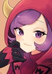  1girl blush closed_mouth commentary courtney_(pokemon) eyelashes fake_horns gloves hand_up highres hood hood_up horns looking_at_viewer moegi_itsukashi pokemon pokemon_(game) pokemon_oras purple_eyes purple_hair red_sweater ribbed_sweater short_hair signature smile solo sweater team_magma team_magma_uniform turtleneck turtleneck_sweater upper_body 