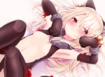  1girl :3 animal_ears armpits bangs baram bell black_gloves black_legwear blonde_hair commentary elbow_gloves eyebrows_visible_through_hair fate/kaleid_liner_prisma_illya fate_(series) fur_collar gloves hair_bell hair_between_eyes hair_ornament hair_spread_out illyasviel_von_einzbern jingle_bell long_hair looking_at_viewer navel paw_gloves paws red_eyes smile solo stomach thighhighs 