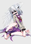  1girl absurdres angel_wings barefoot bit_gag blindfold braid commentary_request french_braid full_body gag grey_background highres kishin_sagume menou_74 restrained sex_toy simple_background single_wing solo touhou vibrator wings 