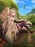  1girl animal bangs bird black_legwear blue_eyes blue_sky boots bridal_gauntlets brown_footwear bug butterfly cloak cloud commentary day dragalia_lost dress english_commentary eyebrows_visible_through_hair green_hair grey_hair hair_between_eyes hentaki heterochromia highres hood hood_down hooded_cloak insect mismatched_legwear multicolored_hair nino_(dragalia_lost) outdoors purple_legwear sheath sheathed sky solo streaked_hair sword thighhighs thighhighs_under_boots tree watermark weapon web_address white_cloak white_dress yellow_eyes 