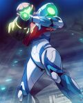  1girl absurdres arm_cannon armor artist_request helmet highres looking_at_viewer metroid metroid_dread power_armor samus_aran science_fiction sidelocks simple_background solo varia_suit visor weapon 