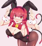  1girl :d alternate_costume animal_ears bangs bell bent_over black_bow blush bow braid breasts bunny_ears bunny_pose bunny_tail cat_ears cat_tail cleavage commentary_request cowboy_shot detached_collar eyebrows_visible_through_hair hair_bow highres kaenbyou_rin large_breasts looking_at_viewer medium_hair multiple_tails neck_bell nekomata open_mouth pantyhose pink_background playboy_bunny red_eyes red_hair seo_haruto side_braids simple_background slit_pupils smile solo standing sweatdrop tail touhou twin_braids two_tails wrist_cuffs 