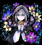  1girl bangs black_capelet capelet closed_mouth eyebrows_visible_through_hair fate/grand_order fate_(series) flower fur_trim gray_(fate) grey_hair hair_between_eyes hands_up holding holding_flower hood long_sleeves looking_at_viewer medium_hair multicolored_hair rioka_(southern_blue_sky) sidelocks smile solo upper_body 