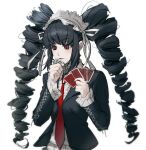  1girl bangs black_hair black_jacket black_nails blunt_bangs blush bonnet card celestia_ludenberg commentary_request danganronpa:_trigger_happy_havoc danganronpa_(series) drill_hair eyebrows_visible_through_hair gothic_lolita grey_background holding holding_card jacket lolita_fashion long_hair long_sleeves malga_(milky721) necktie open_clothes open_jacket parted_lips red_eyes red_neckwear shirt simple_background solo twin_drills upper_body white_shirt 