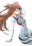  1girl arm_support backlighting blue_eyes blush brown_hair evangelion:_3.0+1.0_thrice_upon_a_time eyepatch frown hand_on_own_thigh interface_headset long_hair looking_at_viewer minatoasu neon_genesis_evangelion plugsuit rebuild_of_evangelion solo souryuu_asuka_langley white_background 