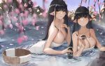  2girls :o bangs bare_shoulders black_hair blunt_bangs blush breasts bucket cherry_blossoms chinese_commentary choko_(cup) cleavage collarbone commentary_request cup fewer_digits genera-x hair_ornament highres hinoa large_breasts long_hair minoto monster_hunter_(series) monster_hunter_rise multiple_girls naked_towel onsen pointy_ears siblings sisters smile tokkuri towel twins yellow_eyes 