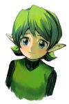 1girl aoki_(fumomo) blue_eyes green_hair green_hairband green_shirt hairband highres kokiri looking_at_viewer pointy_ears ribbed_sweater saria shirt short_hair simple_background smile solo sweater the_legend_of_zelda the_legend_of_zelda:_ocarina_of_time turtleneck turtleneck_sweater upper_body white_background 