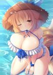  1girl animal_ears blonde_hair blush breasts caustics cleavage commentary_request ears_down fox_ears fox_tail frills from_above hat highres large_breasts liya mouth_hold multiple_tails one_eye_closed sitting solo swimsuit tail touhou wariza water yakumo_ran yellow_eyes 