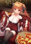  1girl absurdres ahoge black_legwear breasts cleavage closed_mouth dragon_girl dragon_horns dragon_tail food highres hololive horns jacket kiryu_coco large_breasts long_hair long_sleeves mouth_hold nyasunyadoora orange_hair pizza red_jacket sitting smile solo tail thighhighs thighs twintails virtual_youtuber 