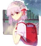  1girl backpack bag bangs blush breasts chip_le_cree collared_shirt contemporary fate/grand_order fate_(series) hair_ribbon highres kama_(fate) looking_at_viewer red_eyes red_ribbon ribbon school_uniform shirt short_hair short_sleeves silver_hair small_breasts solo white_shirt 