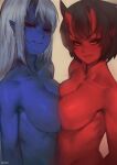  2girls beige_background black_hair blue_oni blue_skin breast_press colored_skin earrings fang fang_out grey_hair horns jewelry kidouko_(zakusi) kimiko_(zakusi) looking_at_viewer multiple_girls nude oni oni_horns orange_eyes original pointy_ears red_oni red_skin short_hair single_horn slit_pupils smile symmetrical_docking zakusi 