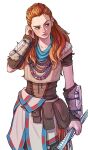  1girl aloy_(horizon) blue_scarf braid commentary_request cowboy_shot fingernails flat_chest forehead freckles holding holding_spear holding_weapon horizon_zero_dawn jyolin_manula korean_commentary lips long_hair looking_to_the_side multiple_braids multiple_necklaces nose orange_hair pink_lips polearm pouch scarf sidelighting solo spear thick_eyebrows tribal vambraces weapon white_background 