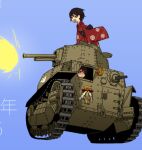  2girls alternate_costume black_hair blue_background brown_hair caterpillar_tracks character_request girls_und_panzer ground_vehicle gun hp23 japanese_clothes kimono machine_gun military military_vehicle motor_vehicle multiple_girls obi open_mouth sash short_hair tank vehicle_request weapon wide_sleeves 