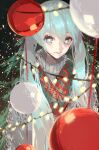  1girl absurdres aqua_hair bangs blue_eyes christmas christmas_lights christmas_ornaments christmas_tree grey_sweater hatsune_miku highres long_hair looking_at_viewer ornament rsef shadow smile solo sweater twintails upper_body vocaloid 