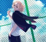  1boy black_eyes black_jacket black_pants blonde_hair closed_mouth cloud cowboy_shot day empty_eyes fence food hand_in_pocket highres holding holding_food jacket jacket_on_shoulders light_particles male_focus medium_hair meimei_(cb_mei) outdoors pants popsicle sano_manjirou shirt short_sleeves smile solo standing tokyo_revengers white_shirt 