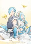  1boy 1girl azura_(fire_emblem) bird blue_hair closed_eyes company_name facial_hair fire_emblem fire_emblem_cipher fire_emblem_fates hair_over_one_eye itou_misei japanese_clothes long_hair looking_at_viewer mother_and_son open_mouth shigure_(fire_emblem) yellow_eyes 